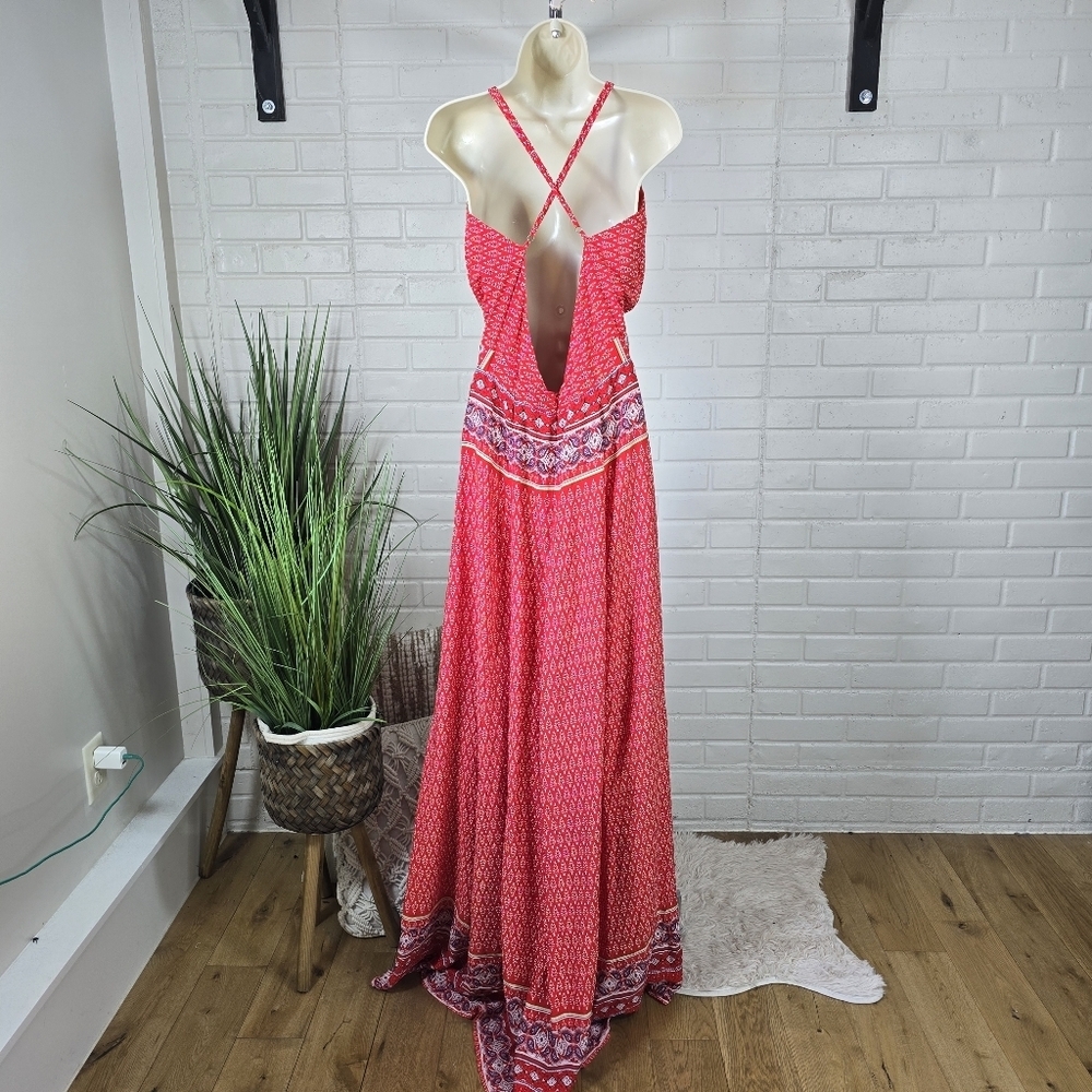 Southern Fried Chicks Boho Floral Paisley Strappy Maxi Dress size Small Red Blue - Picture 4 of 9